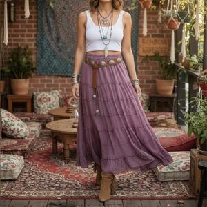Vintage Wet Seal Tiered Ruffle Skirt Y2K Boho 100% Cotton Elastic Waist Mauve